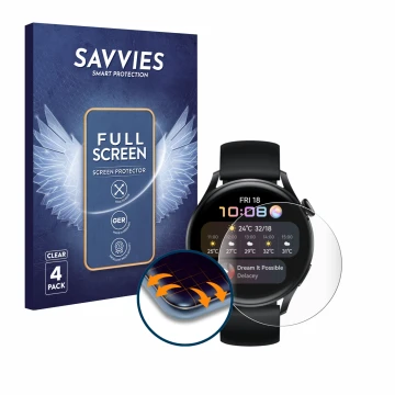 Parte frontal de un envase de producto con el logotipo de la marca Savvies. Al lado se muestra el dispositivo Huawei Watch 3 c