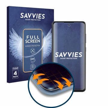 Parte frontal de un envase de producto con el logotipo de la marca Savvies. Al lado se muestra el dispositivo Samsung Galaxy A