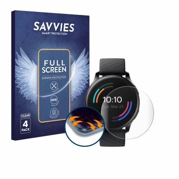 Parte frontal de un envase de producto con el logotipo de la marca Savvies. Al lado se muestra el dispositivo OnePlus Watch co