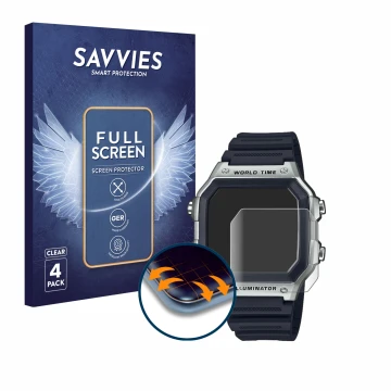 Parte frontal de un envase de producto con el logotipo de la marca Savvies. Al lado se muestra el dispositivo Casio AE-1200WH 
