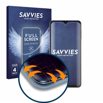 Parte frontal de un envase de producto con el logotipo de la marca Savvies. Al lado se muestra el dispositivo Samsung Galaxy A