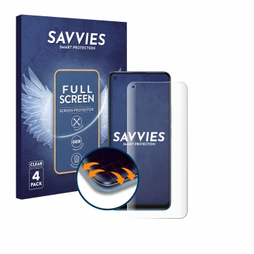 Parte frontal de un envase de producto con el logotipo de la marca Savvies. Al lado se muestra el dispositivo realme 8 con su 