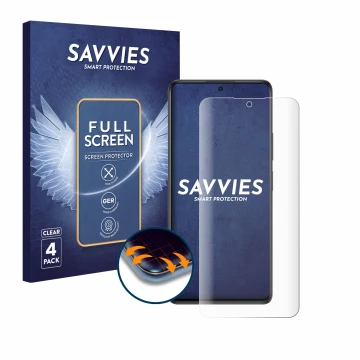 Parte frontal de un envase de producto con el logotipo de la marca Savvies. Al lado se muestra el dispositivo Xiaomi Redmi Not