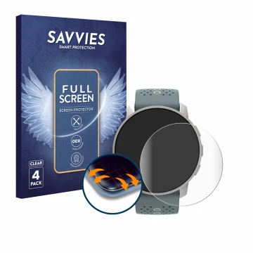 Parte frontal de un envase de producto con el logotipo de la marca Savvies. Al lado se muestra el dispositivo Suunto 9 Peak co