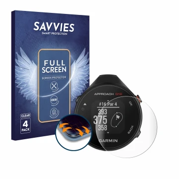 Parte frontal de un envase de producto con el logotipo de la marca Savvies. Al lado se muestra el dispositivo Garmin Approach 