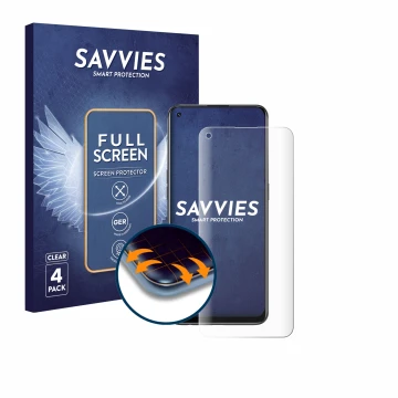 Parte frontal de un envase de producto con el logotipo de la marca Savvies. Al lado se muestra el dispositivo Oppo A94 5G con 