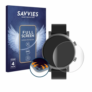 Parte frontal de un envase de producto con el logotipo de la marca Savvies. Al lado se muestra el dispositivo Mobvoi Ticwatch 