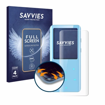 Parte frontal de un envase de producto con el logotipo de la marca Savvies. Al lado se muestra el dispositivo AGPtek A19X con 