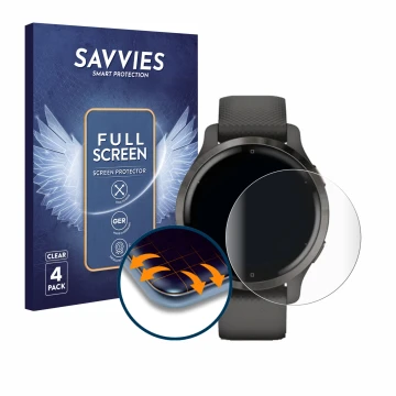 Parte frontal de un envase de producto con el logotipo de la marca Savvies. Al lado se muestra el dispositivo Garmin Venu 2S c