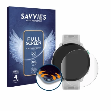 Parte frontal de un envase de producto con el logotipo de la marca Savvies. Al lado se muestra el dispositivo Garmin Forerunne