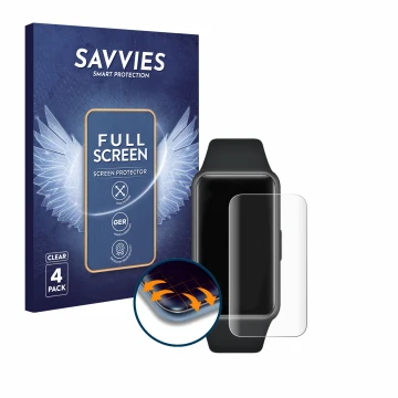 Parte frontal de un envase de producto con el logotipo de la marca Savvies. Al lado se muestra el dispositivo Huawei Band 6 co