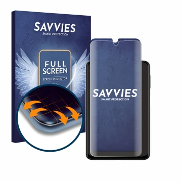 Parte frontal de un envase de producto con el logotipo de la marca Savvies. Al lado se muestra el dispositivo Samsung Galaxy A