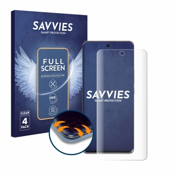 Parte frontal de un envase de producto con el logotipo de la marca Savvies. Al lado se muestra el dispositivo Honor 50 con su 