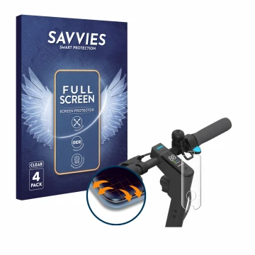 Parte frontal de un envase de producto con el logotipo de la marca Savvies. Al lado se muestra el dispositivo Segway Ninebot K