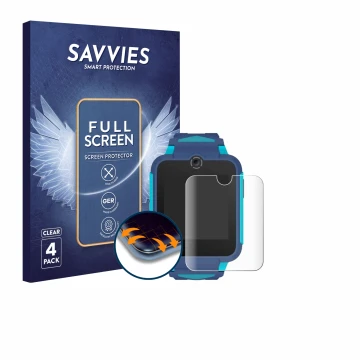 Parte frontal de un envase de producto con el logotipo de la marca Savvies. Al lado se muestra el dispositivo TCL Movetime Fam