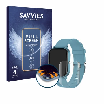 Parte frontal de un envase de producto con el logotipo de la marca Savvies. Al lado se muestra el dispositivo Pubu Smartwatch 