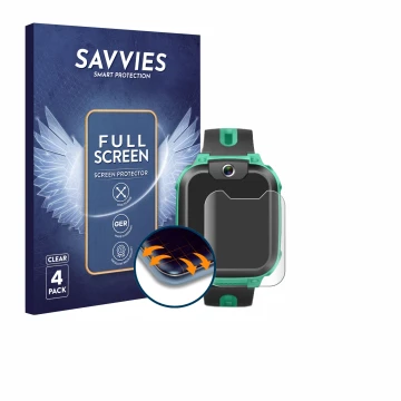 Parte frontal de un envase de producto con el logotipo de la marca Savvies. Al lado se muestra el dispositivo Imoo Watch Phone