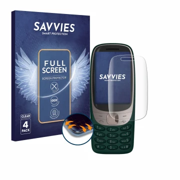 Parte frontal de un envase de producto con el logotipo de la marca Savvies. Al lado se muestra el dispositivo Nokia 6310 (2021