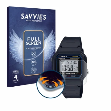 Parte frontal de un envase de producto con el logotipo de la marca Savvies. Al lado se muestra el dispositivo Casio Unisex W-8