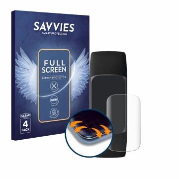 Parte frontal de un envase de producto con el logotipo de la marca Savvies. Al lado se muestra el dispositivo Fitbit Charge 5 