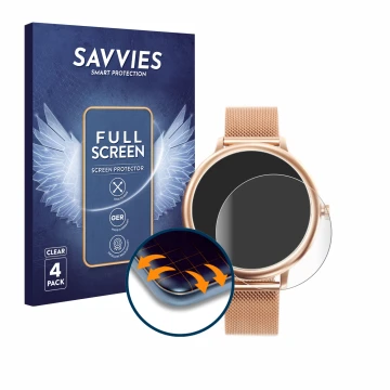 Parte frontal de un envase de producto con el logotipo de la marca Savvies. Al lado se muestra el dispositivo Naixues Smartwat