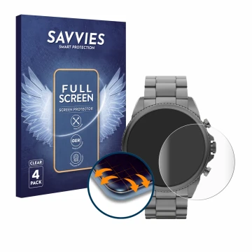 Parte frontal de un envase de producto con el logotipo de la marca Savvies. Al lado se muestra el dispositivo Fossil Gen 6 (44