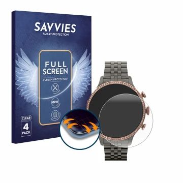 Parte frontal de un envase de producto con el logotipo de la marca Savvies. Al lado se muestra el dispositivo Fossil Gen 6 (42