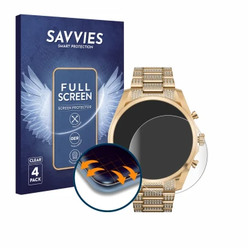 Parte frontal de un envase de producto con el logotipo de la marca Savvies. Al lado se muestra el dispositivo Michael Kors Acc