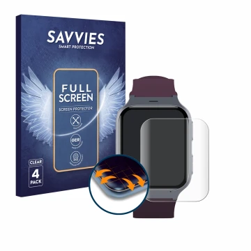 Parte frontal de un envase de producto con el logotipo de la marca Savvies. Al lado se muestra el dispositivo TCL Safety Watch