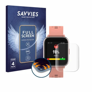 Parte frontal de un envase de producto con el logotipo de la marca Savvies. Al lado se muestra el dispositivo Denver SW-164 co