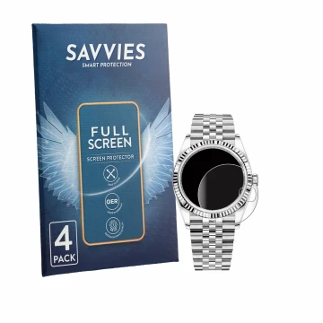 Parte frontal de un envase de producto con el logotipo de la marca Savvies. Al lado se muestra el dispositivo Rolex Datejust 3