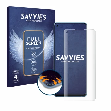 Parte frontal de un envase de producto con el logotipo de la marca Savvies. Al lado se muestra el dispositivo Oppo Reno 6 Pro 