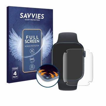 Parte frontal de un envase de producto con el logotipo de la marca Savvies. Al lado se muestra el dispositivo Apple Watch Seri