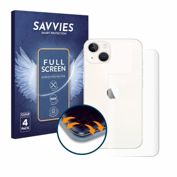 Parte frontal de un envase de producto con el logotipo de la marca Savvies. Al lado se muestra el dispositivo Apple iPhone 13 