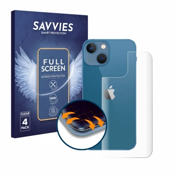 Parte frontal de un envase de producto con el logotipo de la marca Savvies. Al lado se muestra el dispositivo Apple iPhone 13 