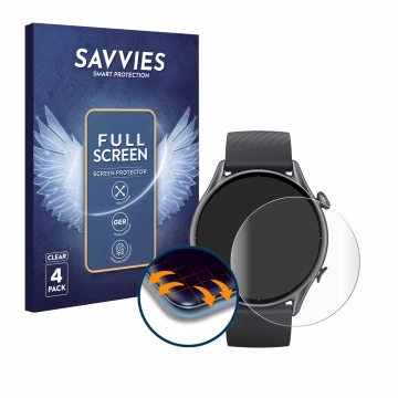 Parte frontal de un envase de producto con el logotipo de la marca Savvies. Al lado se muestra el dispositivo Huami Amazfit GT
