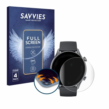 Parte frontal de un envase de producto con el logotipo de la marca Savvies. Al lado se muestra el dispositivo Huami Amazfit GT