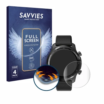Parte frontal de un envase de producto con el logotipo de la marca Savvies. Al lado se muestra el dispositivo Mobvoi Ticwatch 