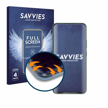 Parte frontal de un envase de producto con el logotipo de la marca Savvies. Al lado se muestra el dispositivo Samsung Galaxy S