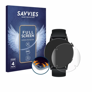 Parte frontal de un envase de producto con el logotipo de la marca Savvies. Al lado se muestra el dispositivo Huawei Watch GT 