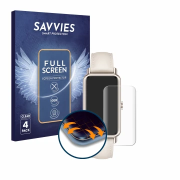 Parte frontal de un envase de producto con el logotipo de la marca Savvies. Al lado se muestra el dispositivo Huawei Watch Fit