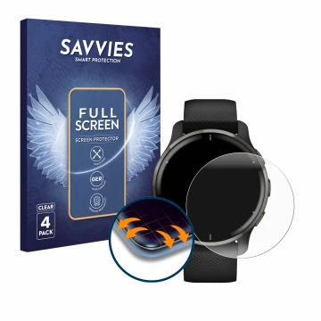 Parte frontal de un envase de producto con el logotipo de la marca Savvies. Al lado se muestra el dispositivo Garmin Venu 2 Pl