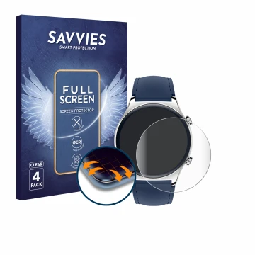 Parte frontal de un envase de producto con el logotipo de la marca Savvies. Al lado se muestra el dispositivo Honor Watch GS 3