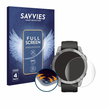 Parte frontal de un envase de producto con el logotipo de la marca Savvies. Al lado se muestra el dispositivo Garmin Fenix 7 (