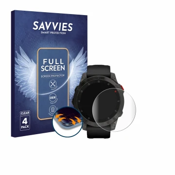 Parte frontal de un envase de producto con el logotipo de la marca Savvies. Al lado se muestra el dispositivo Garmin epix (Gen