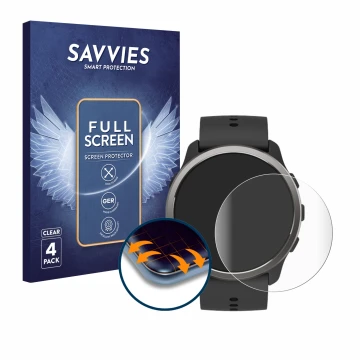 Parte frontal de un envase de producto con el logotipo de la marca Savvies. Al lado se muestra el dispositivo Suunto 5 Peak co