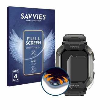 Parte frontal de un envase de producto con el logotipo de la marca Savvies. Al lado se muestra el dispositivo Kospet Tank M1 c