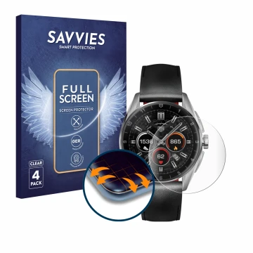 Parte frontal de un envase de producto con el logotipo de la marca Savvies. Al lado se muestra el dispositivo TAG Heuer Connec