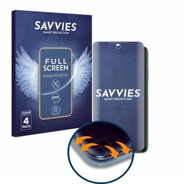 Parte frontal de un envase de producto con el logotipo de la marca Savvies. Al lado se muestra el dispositivo Xiaomi Redmi 10 