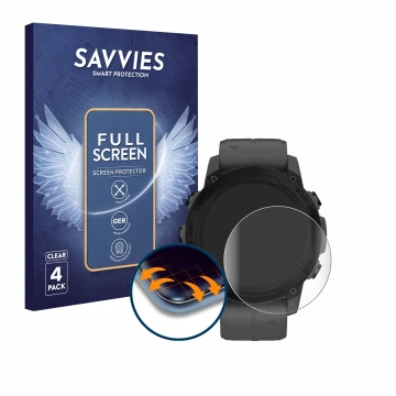 Parte frontal de un envase de producto con el logotipo de la marca Savvies. Al lado se muestra el dispositivo Garmin Descent G